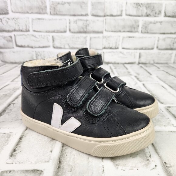 Veja Small Esplar Mid Kid Sz 12.5 Black Fur-Lined Hook Loop Shoes Leather Hi Top - Picture 1 of 10